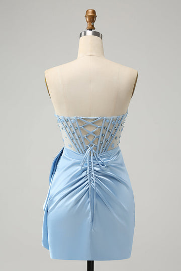 Vestido de cóctel de corsé nupcial azul brillante con pedrería